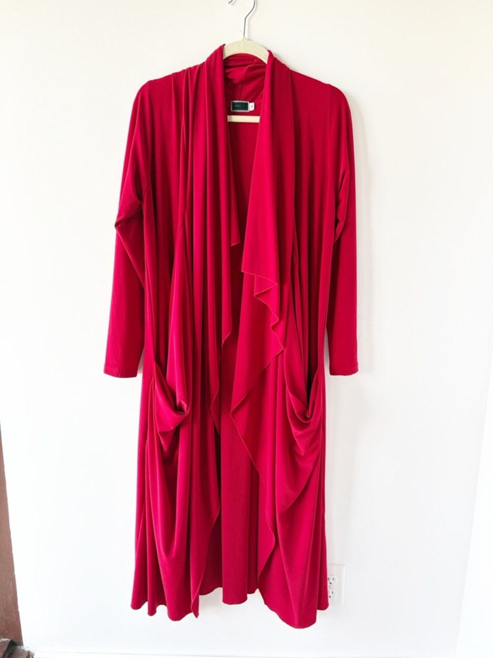 Sympli Long Red Open Front Draped Cardigan Flowy Waterfall Maxi Sweater Pockets